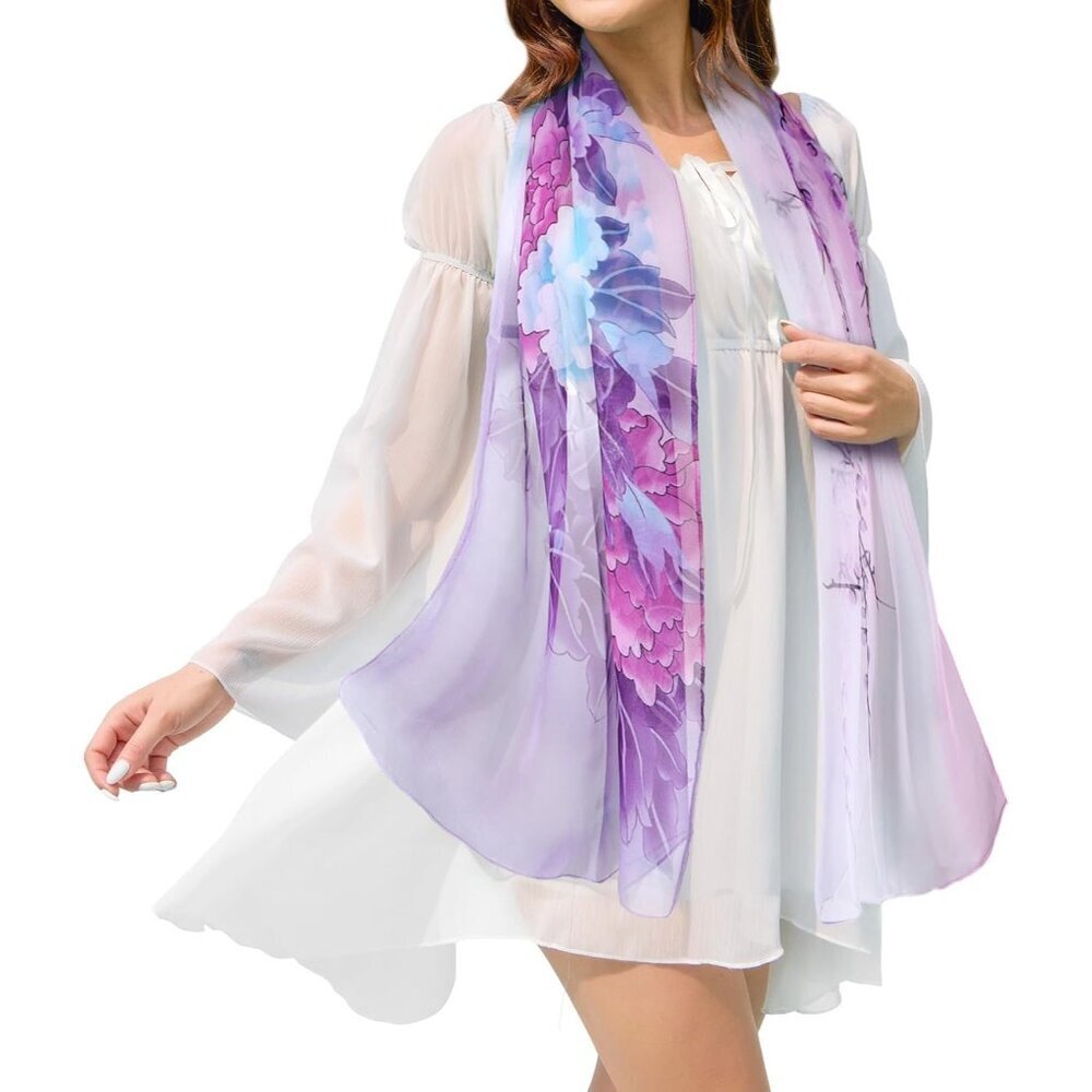 Women's Purple-flower Fashion Lightweight Head Scarf Floral Print Chiffon Scarve
